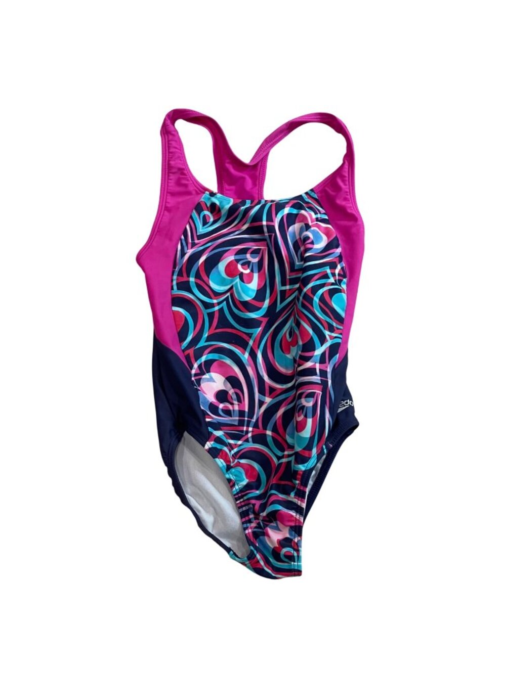 Speedo One Piece Racing Swimsuit Girls Size 8 Heart Print Pink Blue Swim Team